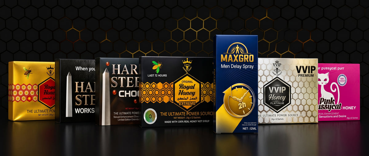 Six men's aphrodisiac and stamina spray products lined up against a dark honeycomb background. The products include Maxgro Men Delay Spray (blue and gold), Harste Choice (black and gold), When You (black), Harste Choice Royal Honey (black and gold), VVIP Aphro (white and gold), and Pink Assisted Honey (pink).